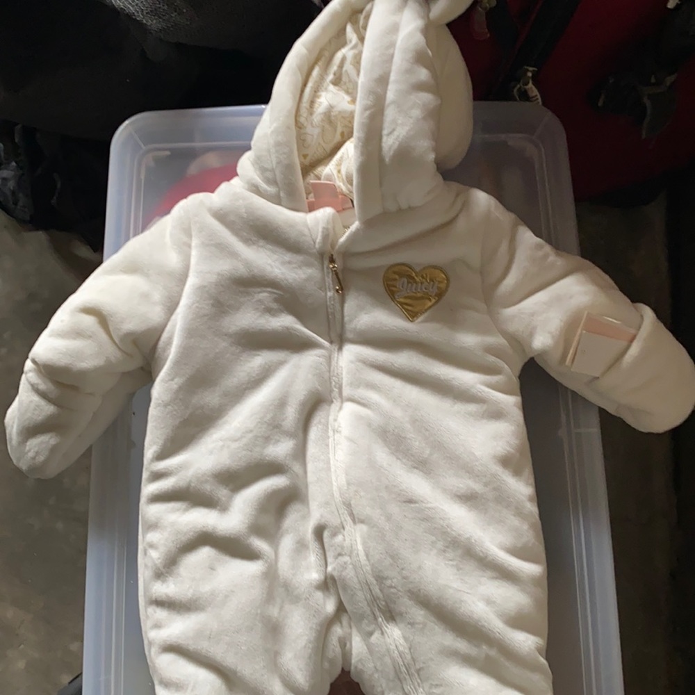 Juicy couture infant snowsuit , cream and gold, size 0-3 months .